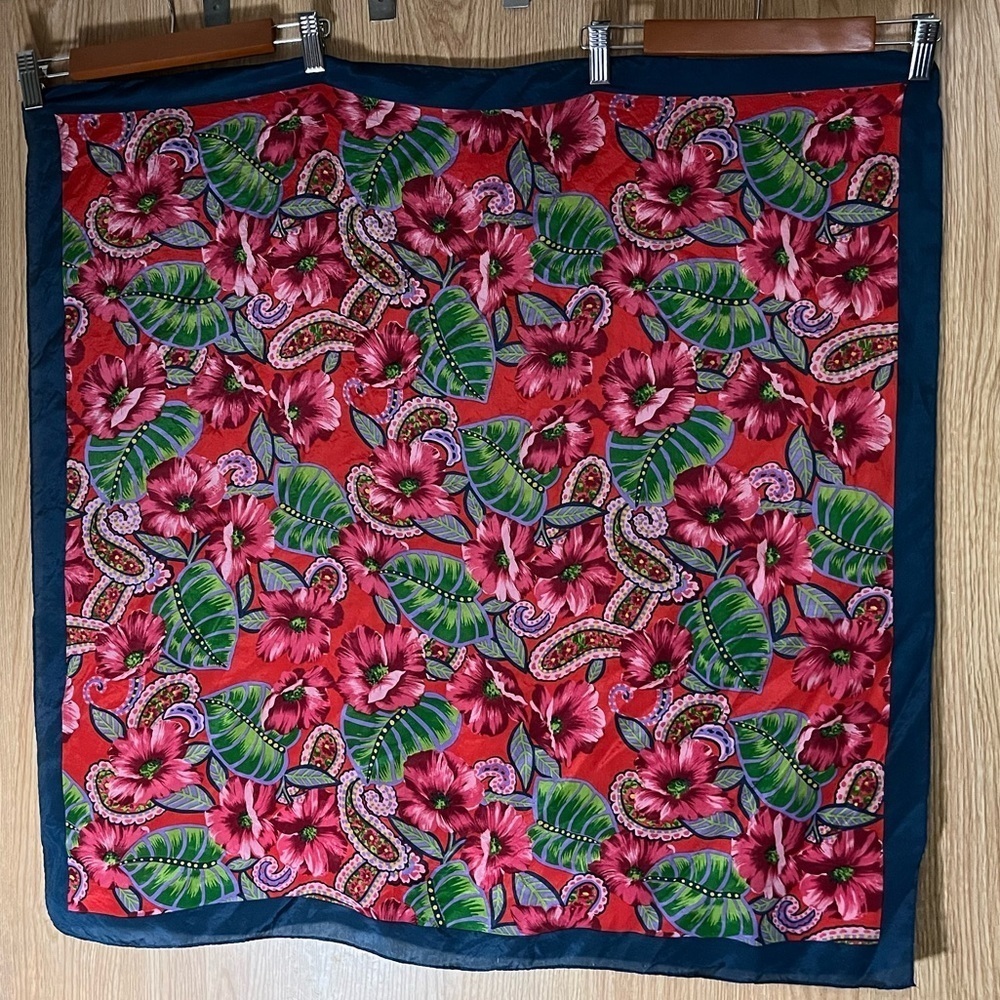 Silk Red/ Navy Hibiscus Palm Paisley Vintage Scarf